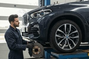 Mechanic inspecting Best brake pads for bmw x5 2021 .
